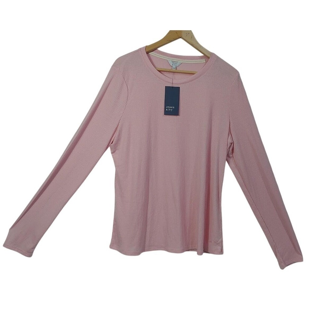 Crown & Ivy Pink Ribbed Long Sleeve Size XXL Crew Neck Pullover Shirt Top NWT - Picture 2 of 12
